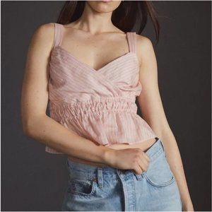NWT Anthropologie | Maeve | Pink Shirred V-Neck Striped Linen Crop Tank Top, XL